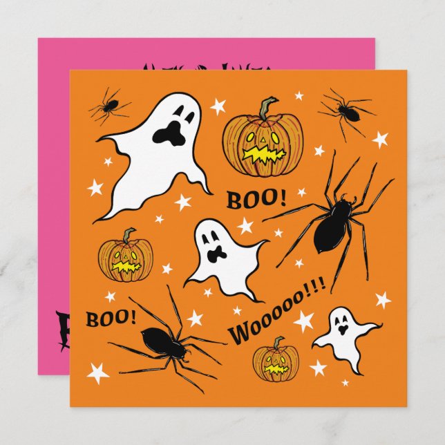 Personalised Halloween Ghosts, Pumpkins and Spider Invitation (Front/Back)