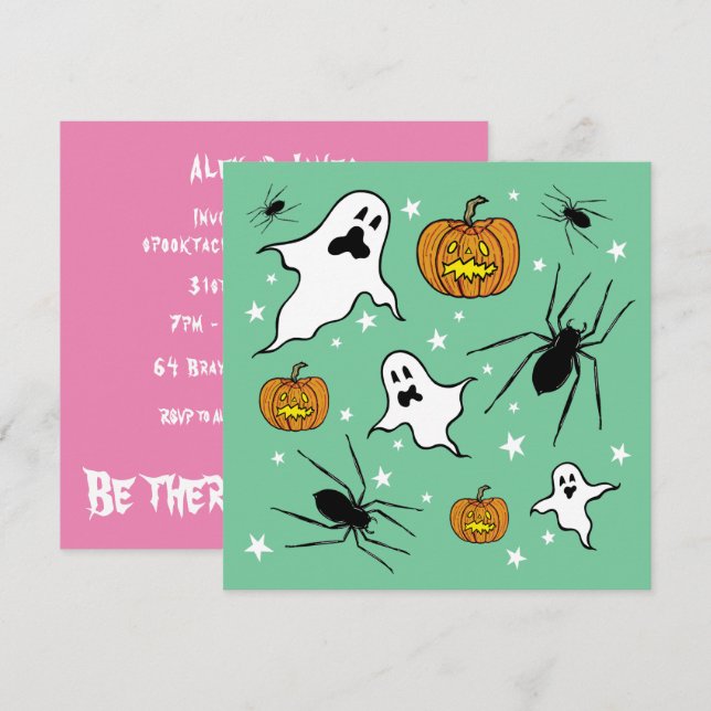 Personalised Halloween Ghosts, Pumpkins and Spider Invitation (Front/Back)