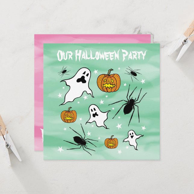 Personalised Halloween Ghosts, Pumpkins and Spider Invitation (Front/Back In Situ)