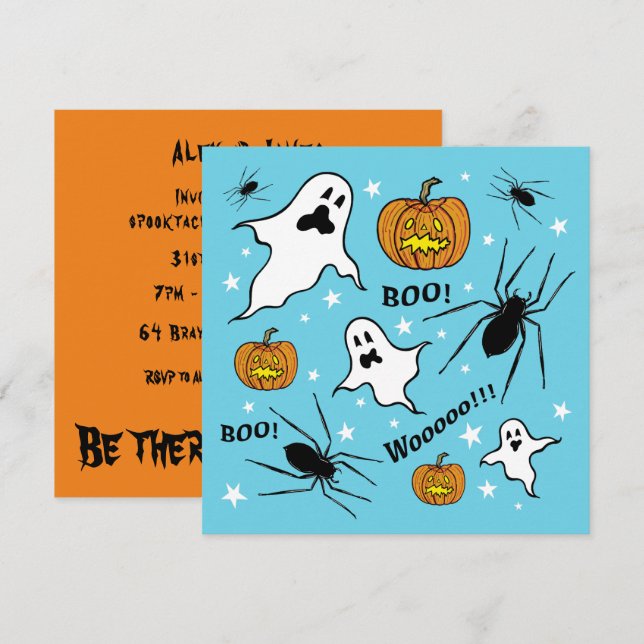Personalised Halloween Ghosts, Pumpkins and Spider Invitation (Front/Back)