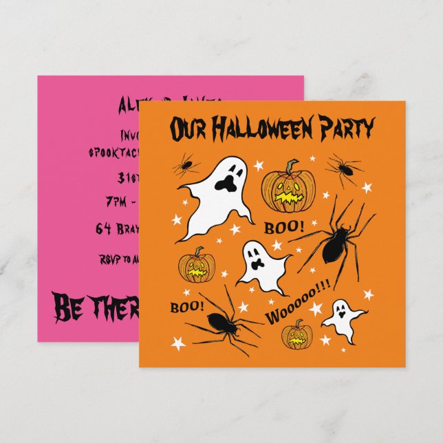 Personalised Halloween Ghosts, Pumpkins and Spider Invitation (Front/Back)