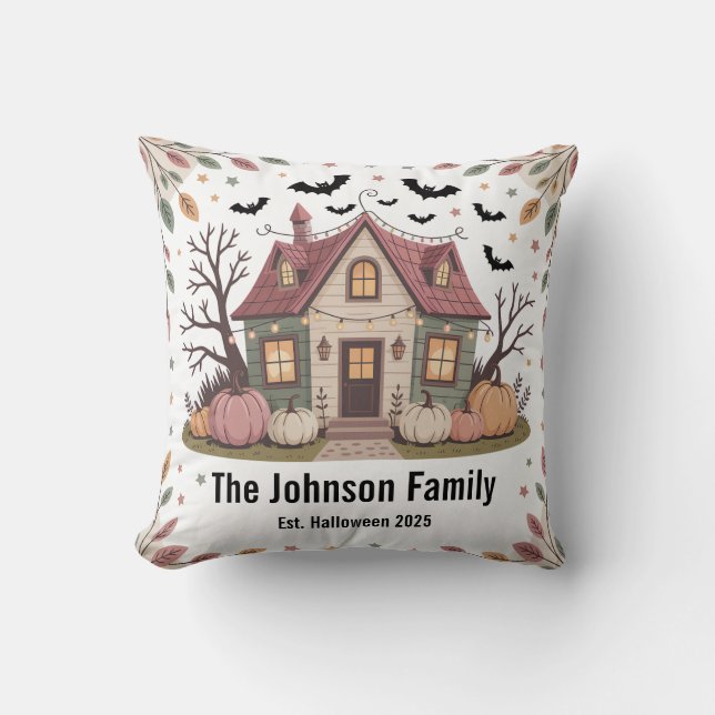 Personalised Halloween Haunted House Family Name Cushion (Front)