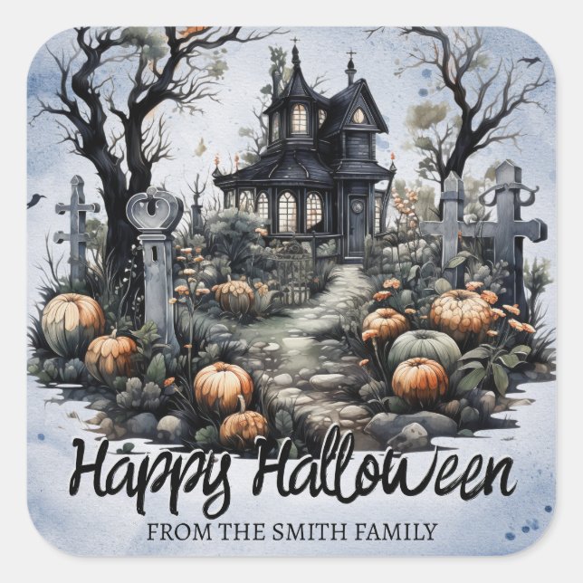 Personalised Halloween Haunted House Square Sticker (Front)