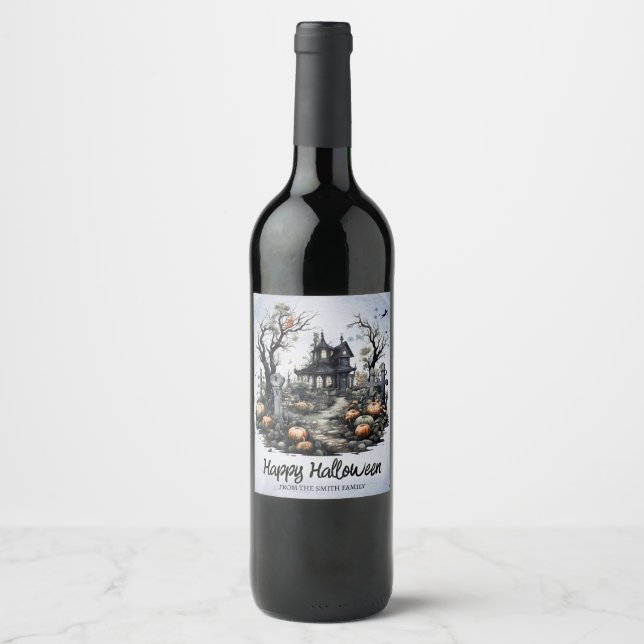 Personalised Halloween Haunted House Wine Label (Front)