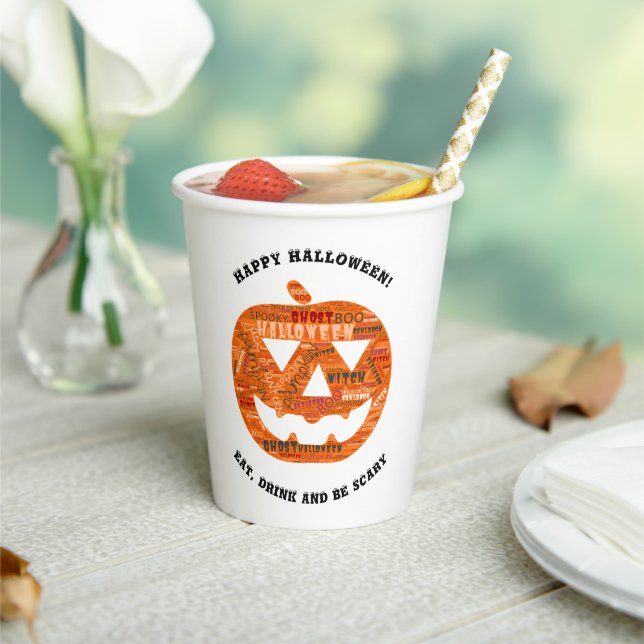 Personalised Halloween Jack-o'-Lantern Word Cloud Paper Cups (Insitu)