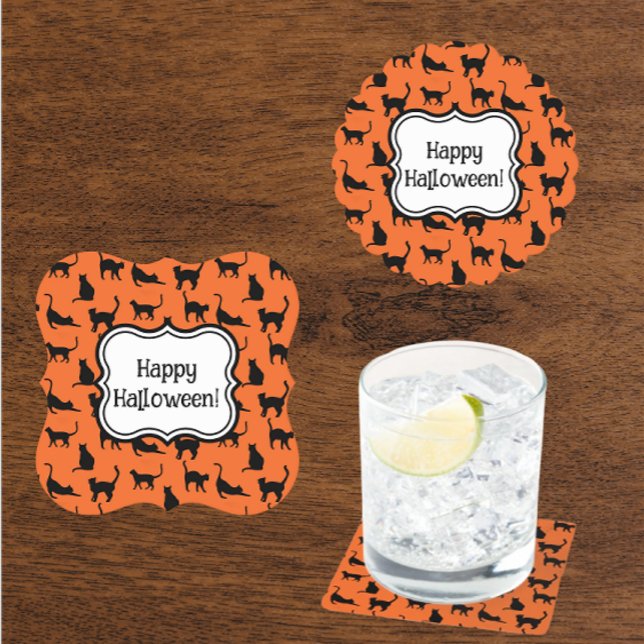 Personalised Halloween Party Orange Black Cat Paper Coaster (Personalize with your own message coasters)