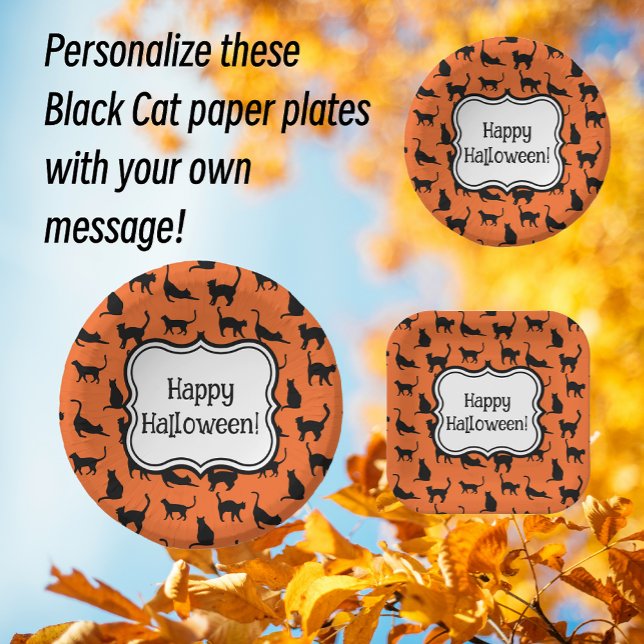 Personalised Halloween Party Orange Black Cat Paper Plate (Creator Uploaded)