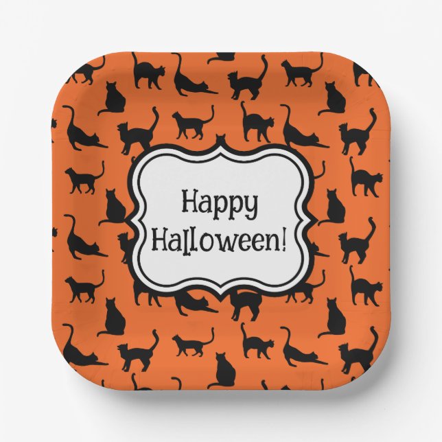 Personalised Halloween Party Orange Black Cat Paper Plate (Front)