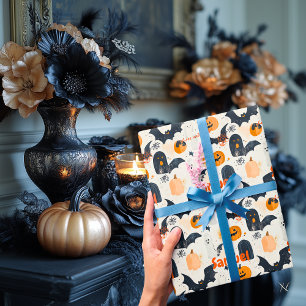Personalised Halloween Pumpkin & Bat Pattern Wrapping Paper