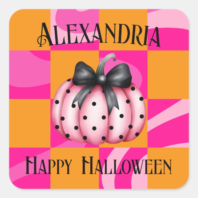 Personalised Halloween Pumpkin Bow Party Square Sticker (Front)