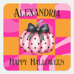 Personalised Halloween Pumpkin Bow Party Square Sticker