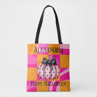 Personalised Halloween Pumpkin Bow Pink Orange Tote Bag