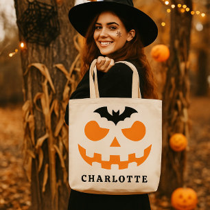 Personalised Halloween Pumpkin Face Custom Name Tote Bag