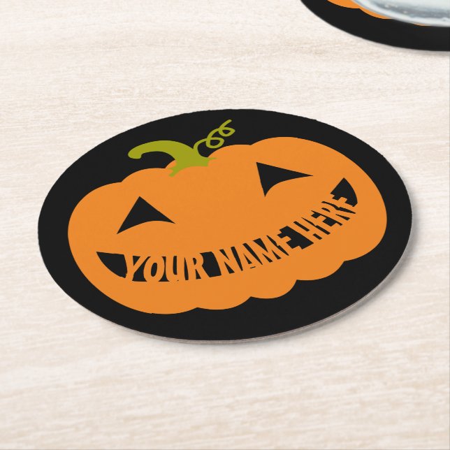 Personalised Halloween Pumpkin Round Paper Coaster (Angled)