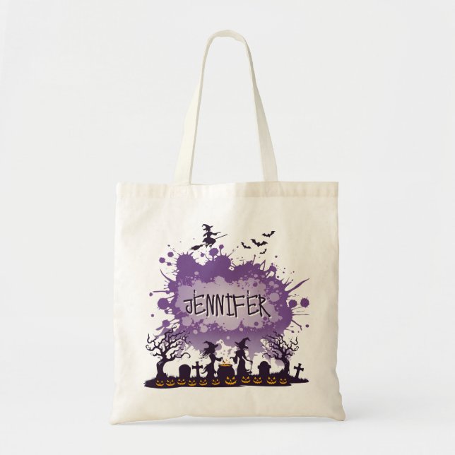 Personalised Halloween Purple Name Witch Graveyard Tote Bag (Front)