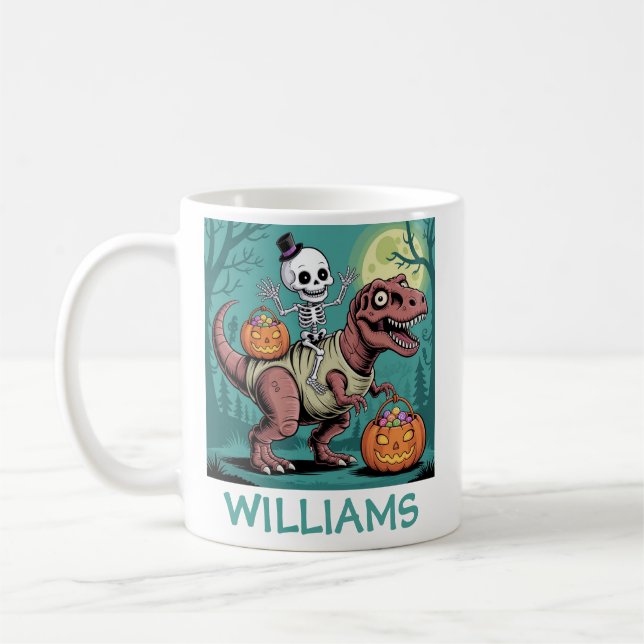 Personalised Halloween Skeleton Riding Dinosaur Coffee Mug (Left)