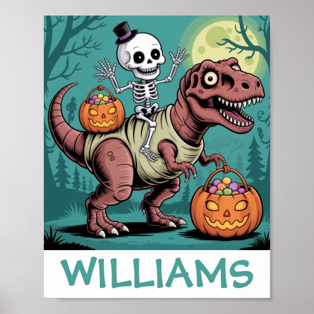 Personalised Halloween Skeleton Riding Dinosaur Poster (Front)