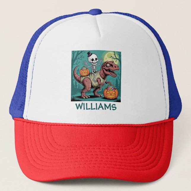 Personalised Halloween Skeleton Riding Dinosaur Trucker Hat (Front)