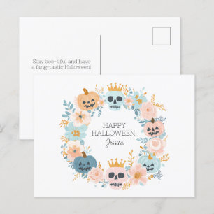 Personalised Halloween Skull Pumpkin Floral Chic Holiday Postcard