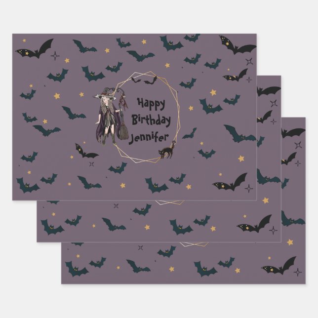 Personalised Halloween Witch/Bats Pattern Wrapping Paper Sheet (Set)