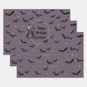 Personalised Halloween Witch/Bats Pattern Wrapping Wrapping Paper Sheet