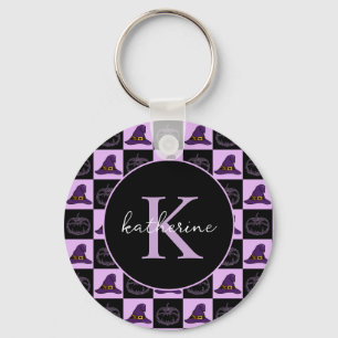 Personalised Halloween Witch Hat Spooky Pattern Key Ring