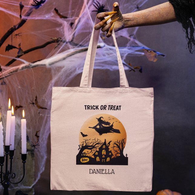 Personalised Halloween Witch Trick or Treat Tote Bag (Add name to personalize, edit other text, too, if required)