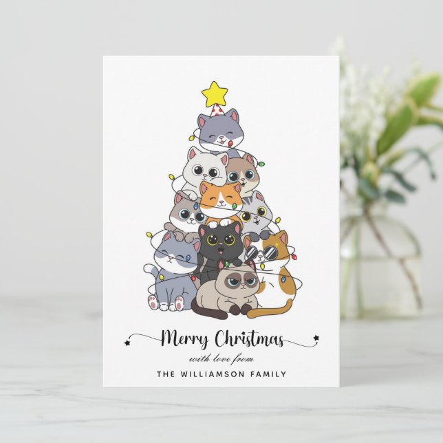 Personalised Hand Drawan Cat Christmas Tree Holiday Card (Standing Front)
