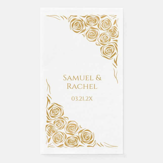 Personalised Hand Drawn Golden Roses Wedding Napkin (Front)
