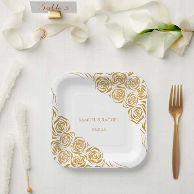 Personalised Hand Drawn Golden Roses Wedding Paper Plate (Wedding)