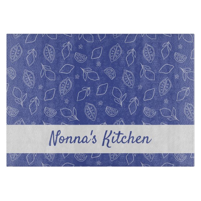 Personalised Hand Drawn Italian Lemons Blue Cutting Board (Front)