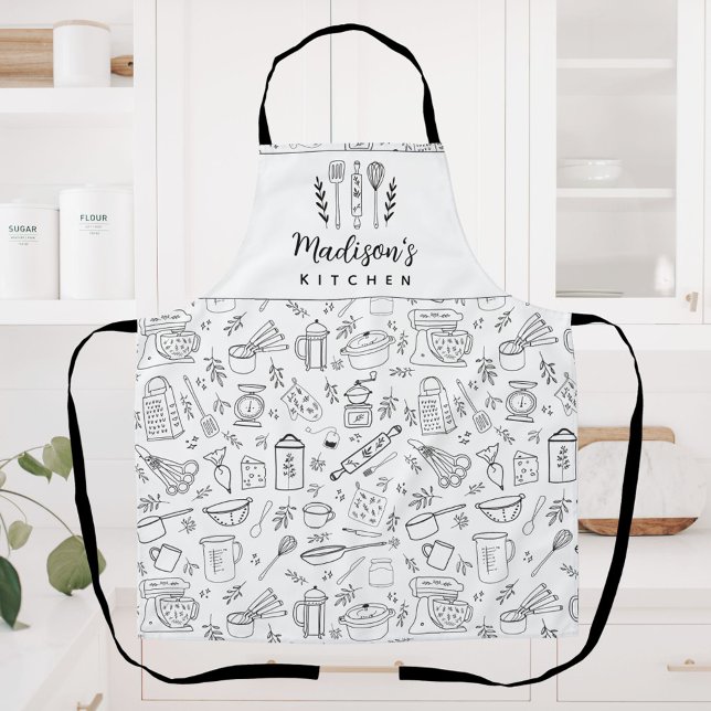 Personalised Hand Drawn Kitchen Cooking Utensils Apron (In situ)