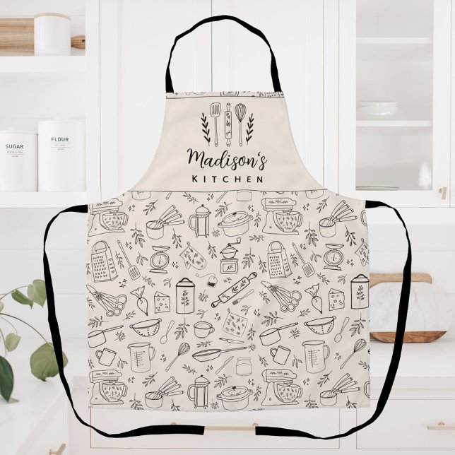 Personalised Hand Drawn Kitchen Cooking Utensils Apron (In situ)