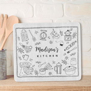 Personalised Hand Drawn Kitchen Cooking Utensils Cutting Board
