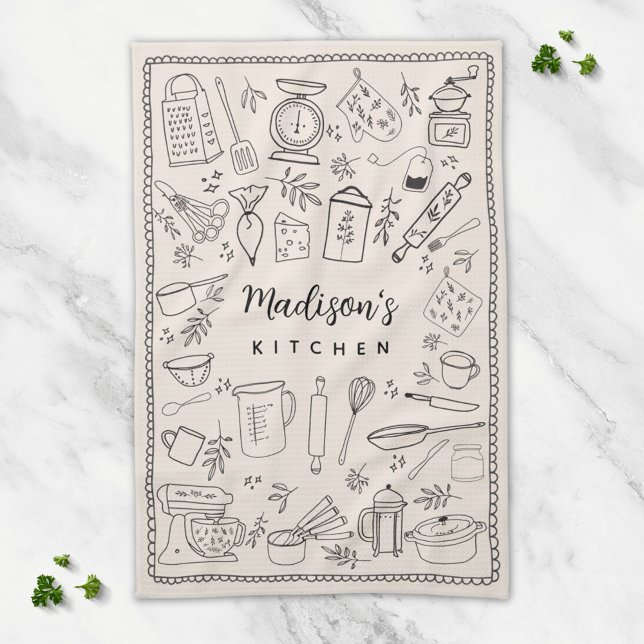 Personalised Hand Drawn Kitchen Cooking Utensils  Tea Towel (In situ)