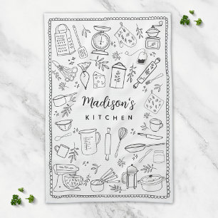 Personalised Hand Drawn Kitchen Cooking Utensils Tea Towel
