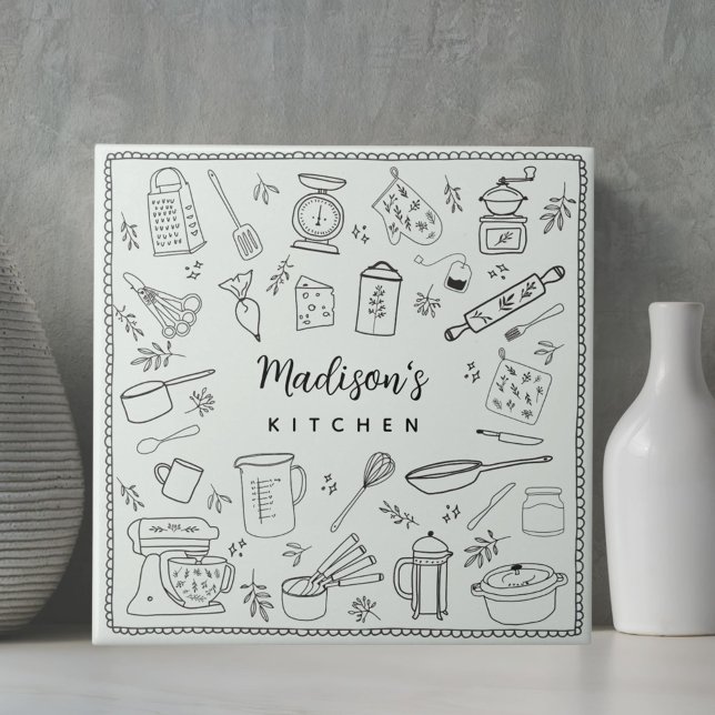 Personalised Hand Drawn Kitchen Cooking Utensils  Tile (In situ)