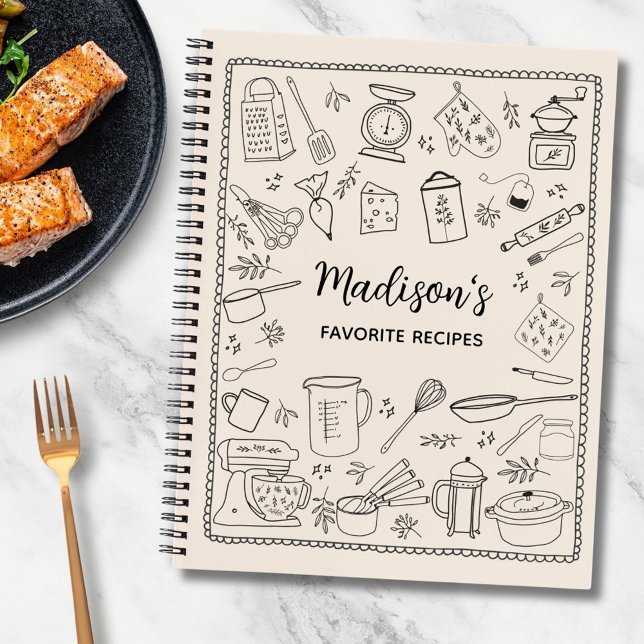 Personalised Hand Drawn Kitchen Utensils Recipe Notebook (In situ)