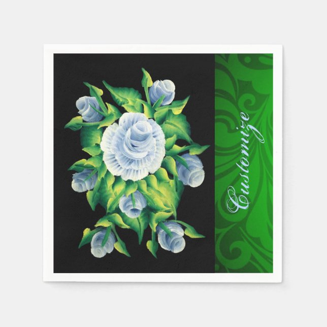 Personalised Hand Painted Blue Roses Napkins (Front)