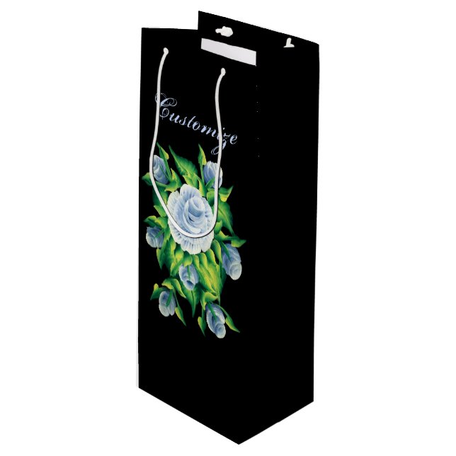 Personalised Hand Painted Blue Roses Wine Bag (Front Angled)