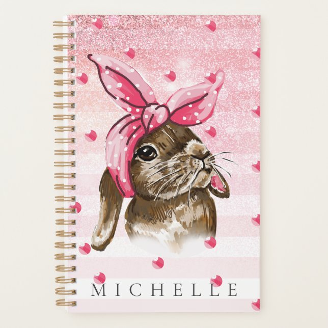 Personalised Hand painted Bunny glitter Planner (Front)