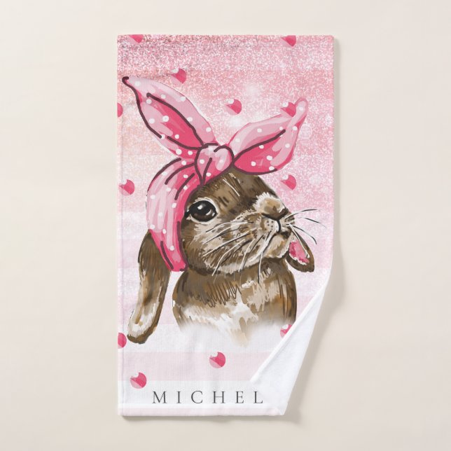 Personalised Hand painted Bunny glitter Towel (Hand Towel)