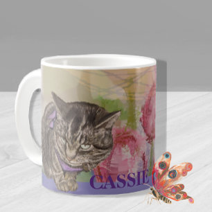 Personalised Hand-Painted Cat Art Mug with tulips