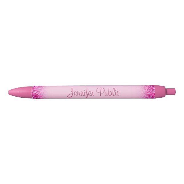 Personalised Hand Script Name Girly Pink Glitter Black Ink Pen (Front)