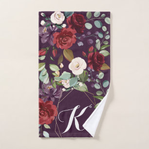 Personalised Hand Towel Plum Purple Roses Gold Geo