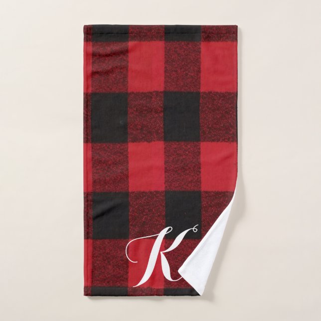 Personalised Hand Towel Red Buffalo Plaid Bear Bla (Hand Towel)