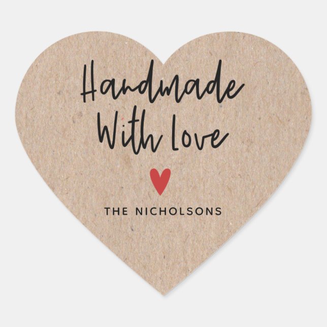 Personalised Handmade With Love Rustic Kraft Heart Sticker (Front)