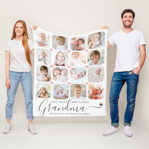 Personalised Handwritten Grandma 16 Photo Hearts Fleece Blanket