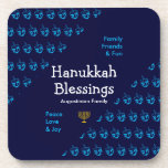 Personalised HANUKKAH BLESSINGS Coaster<br><div class="desc">Modern blue HANUKKAH BLESSINGS coasters with all-over dreidel pattern, which says HANUKKAH BLESSINGS and placeholder name in white typography, and FAMILY, FRIENDS & FUN and PEACE, LOVE & JOY in cyan blue typography in the corners. This is set against a pattern of cyan blue DREIDELS against midnight blue background. The...</div>