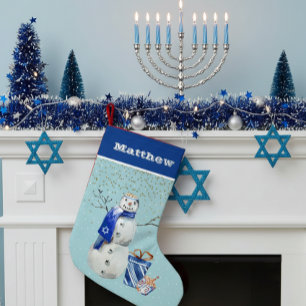 Personalised Hanukkah Blue Snowman Watercolor Small Christmas Stocking